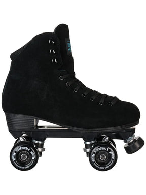 A single black mid-height roller skate boot with four wheels, featuring a suede-like finish, black laces, and visible 'Bulldog' branding on the wheels.
