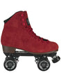 A single red suede high-top roller skate shown from the side against a plain white background. The shoe has red laces, a black heel counter, and black quad wheels with visible BrandWalk branding.