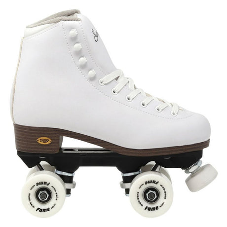 A single white roller skate boot with white laces, a dark brown heel, and white wheels, shown from a side profile on a plain white background.