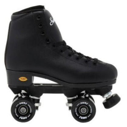 A black quad roller skate boot with four wheels, featuring a black leather upper, black laces, and black wheels with white branding, shown against a plain white background.
