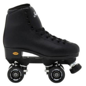 A black quad roller skate boot with four wheels, featuring a black leather upper, black laces, and black wheels with white branding, shown against a plain white background.