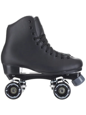 A black quad roller skate boot with four wheels, shown from a side profile view against a plain white background.