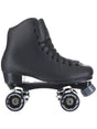 A black quad roller skate boot with four wheels, shown from a side profile view against a plain white background.