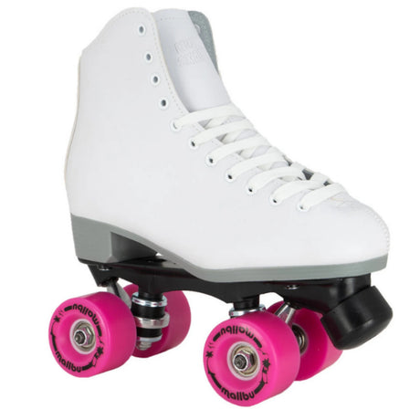 A white high-top roller skate with bright pink wheels, black axles, and white laces, shown from a three-quarters angle on a white background.