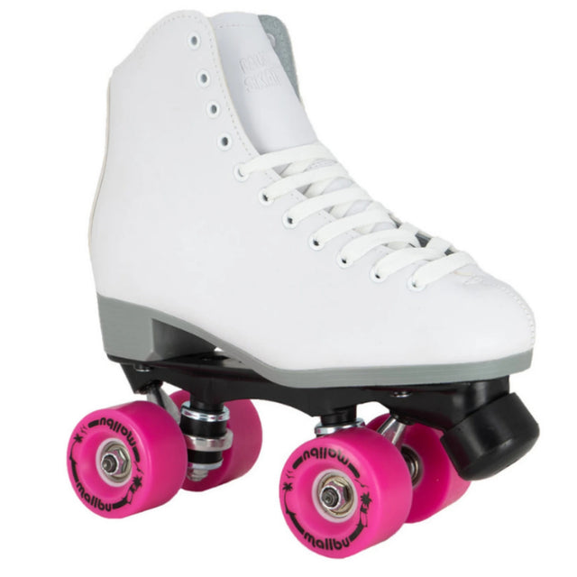 A white high-top roller skate with bright pink wheels, black axles, and white laces, shown from a three-quarters angle on a white background.