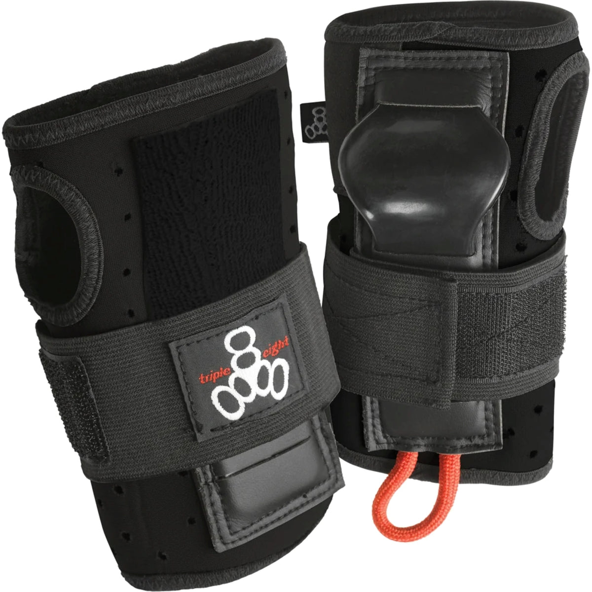 Two black wrist guard pads next to each other standing upright against a white background. The pads feature velcro straps with a brand logo on it, thumb holes, and a rigid plastic piece protruding out where your palm would be.  There is also a small orange loop of cord attached to the bottom. 