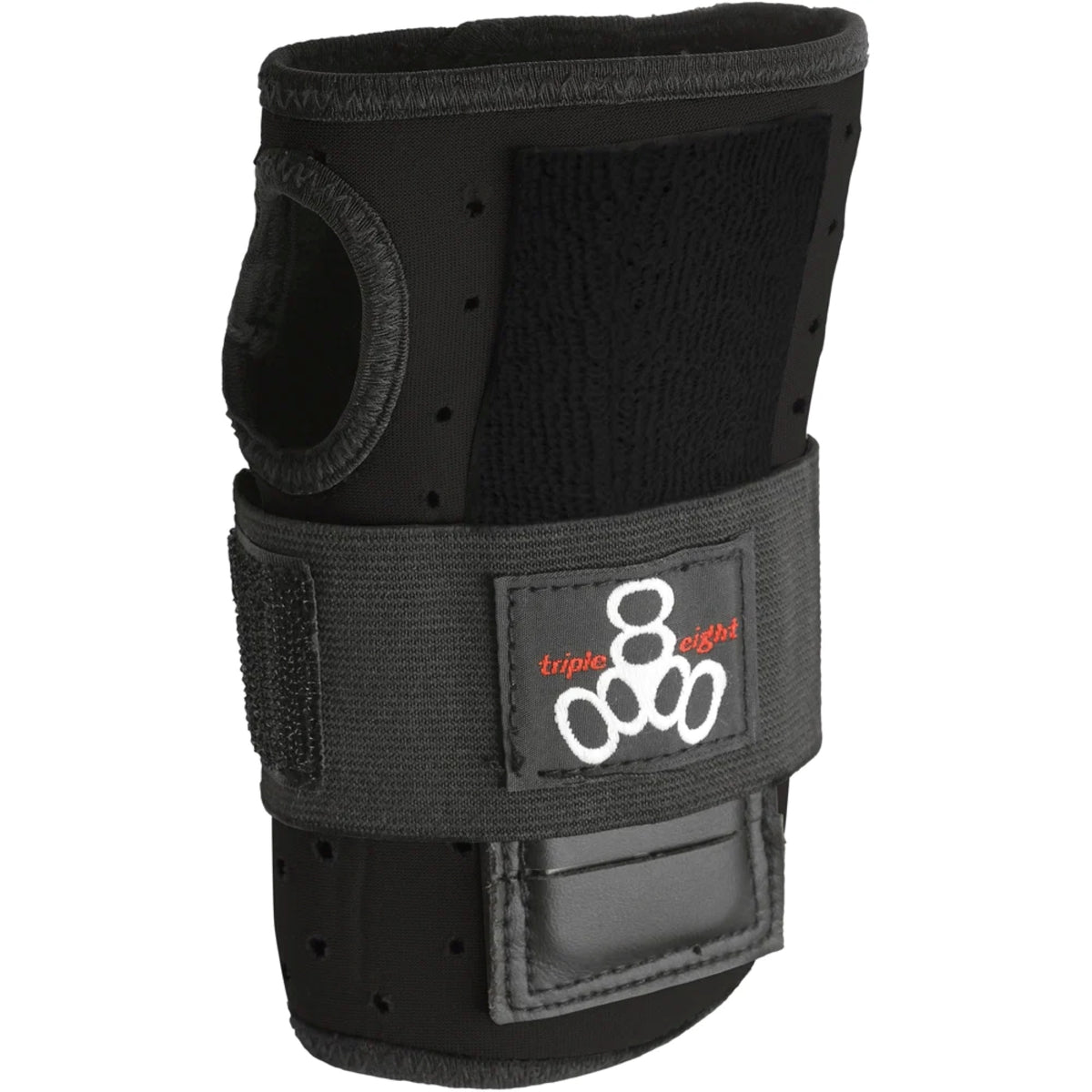 A single black wrist guard pad standing against a white background. The black wrist guard has a velcro strap wrapped around it with the brands logo stitched on as well as a whole on the side for a thumb to go though.