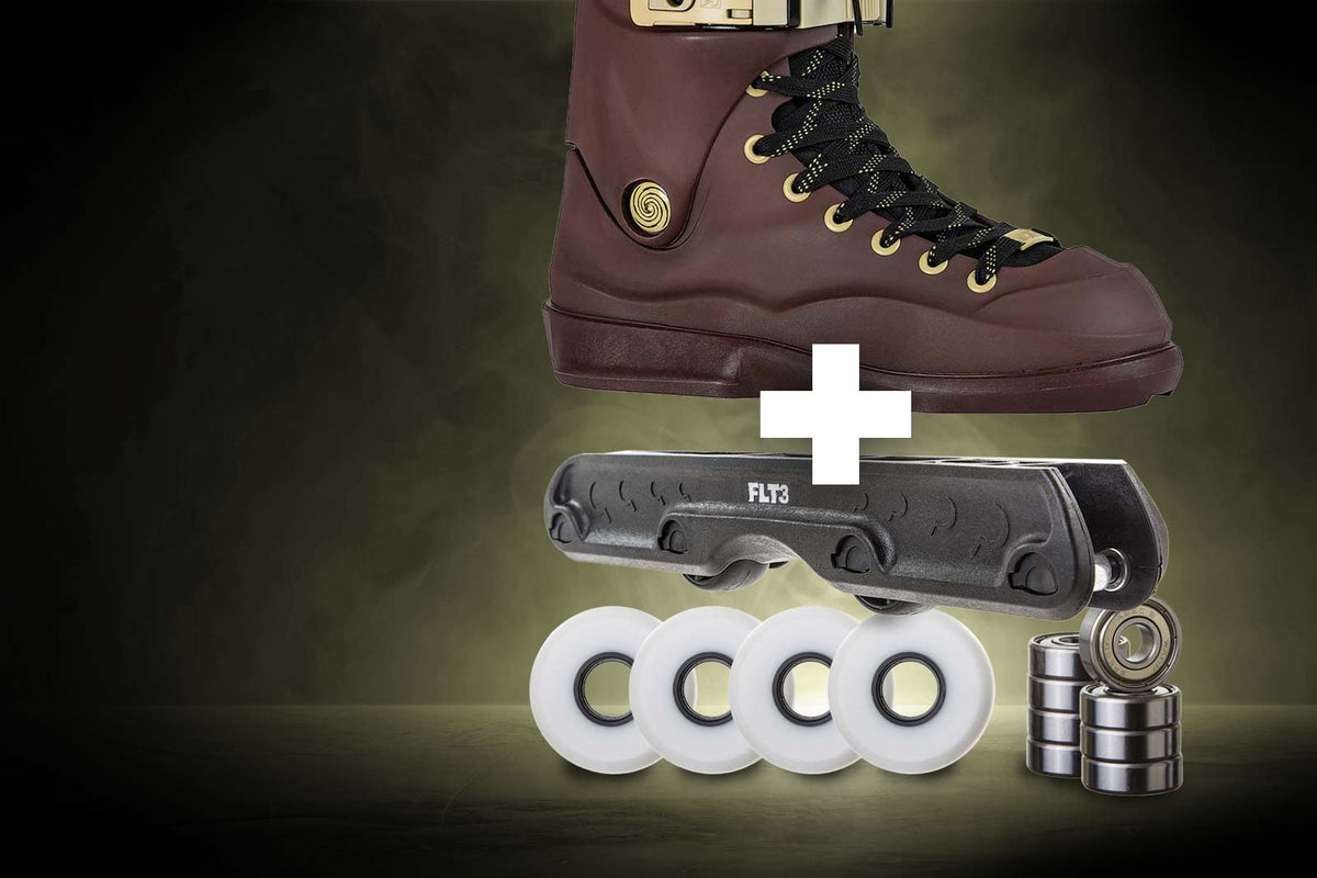 Brown roller skate boot with black laces, roller bearings, and wheels on a dark background