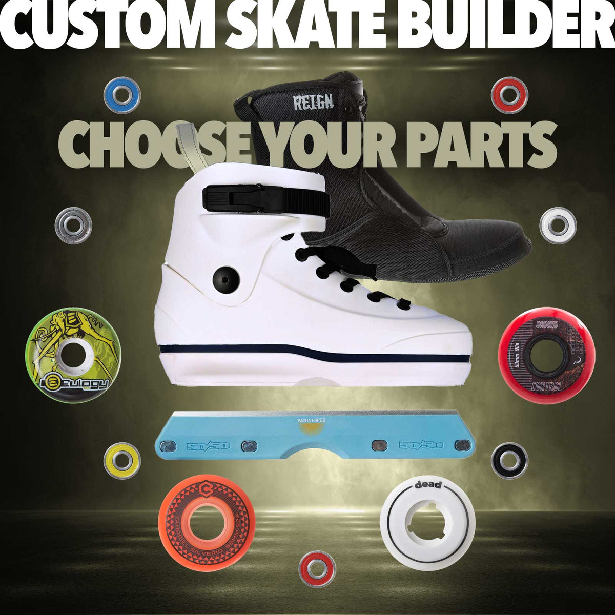 Custom inline skate assembly graphic with a white and black high-top skate boot centered over a blue UEC-licensed metal axle, surrounded by floating wheel options in red, yellow, green, black, and white. Large text reads 'CUSTOM SKATE BUILDER' and 'CHOOSE YOUR PARTS'.