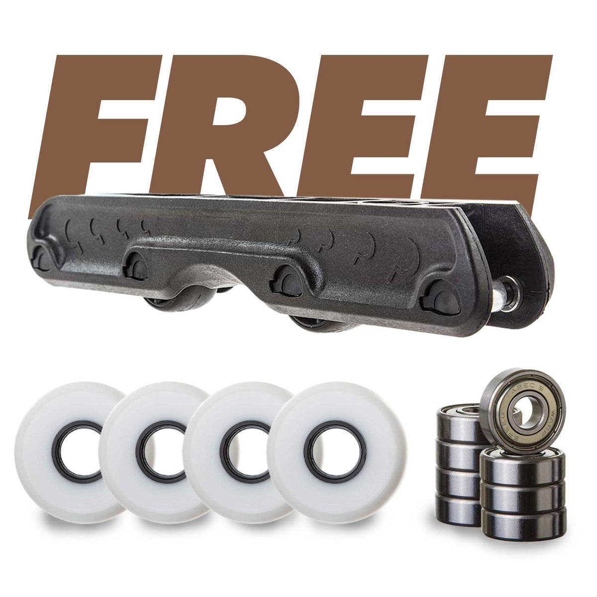 A black inline skate frame shown with four white wheels, two stacked bearings, and a large brown 'FREE' text overlay on a white background.