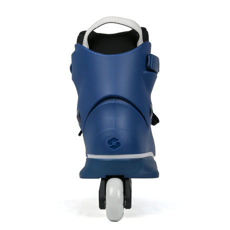 A blue inline skate boot with a white and black handle, shown from the back on a white background.